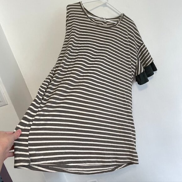 UMGEE Gray Cream Ivory Striped Short Sleeve Cotton Mini T-Shirt Dress / Tunic L - Picture 8 of 14